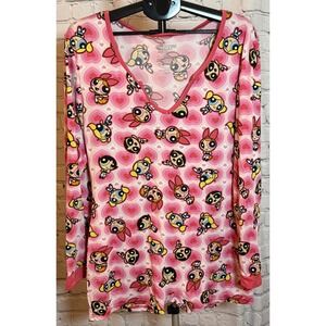 Powerpuff Girls Pink Heart Sleep Romper Long Sleeve Pajamas Womens XL